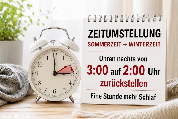 Zeitumstellung von Sommerzeit auf Winterzeit ist am 25. Oktober 2026: Uhren nachts von 3:00 auf 2:00 Uhr eine Stunde zurückstellen